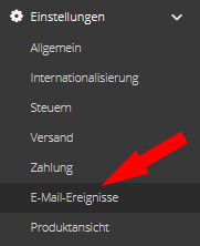 Auswahl epages Einstellungen - E-Mail Ereignisse
