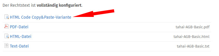 Auswahl html Copy&Paste Variante bei den Tahai Rechtstexten