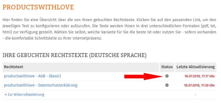 Auswahl productswithlove im Mandantenportal