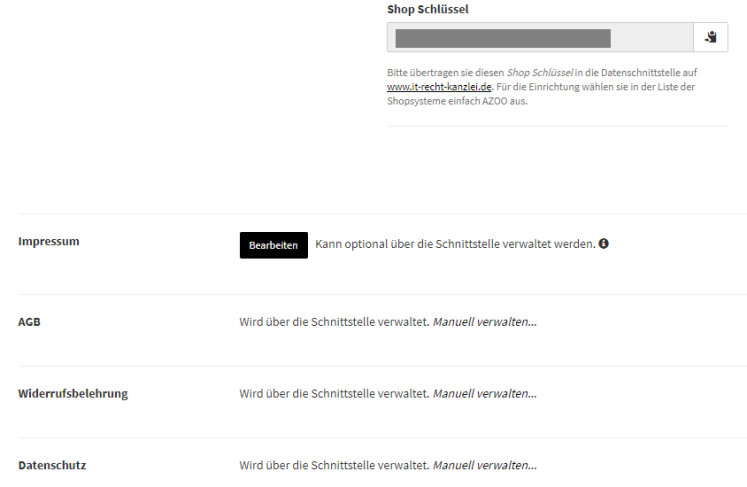 Bereich Rechtliches bei Azoo inklusive Shopschlüssel