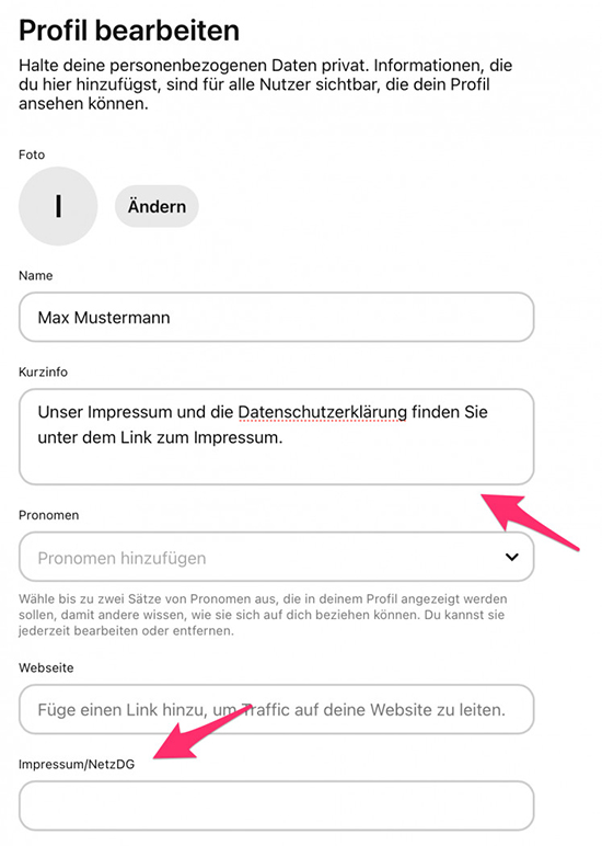 Das Impressum via Hosting bei Pinterest einbinden