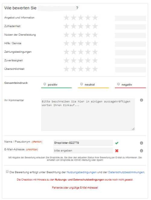 Das Shopvote Bewertungsformular