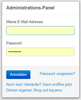 Der Anmeldebereich f&uuml;r kayamo.eu h&auml;ndler