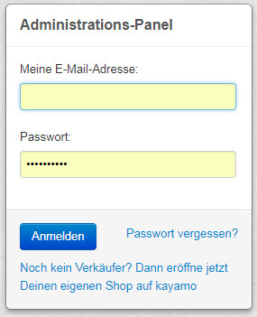 Der Anmeldebereich für kayamo.eu händler