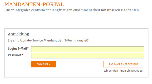 Der Anmeldebereich zum Mandantenportal der IT-Recht Kanzlei