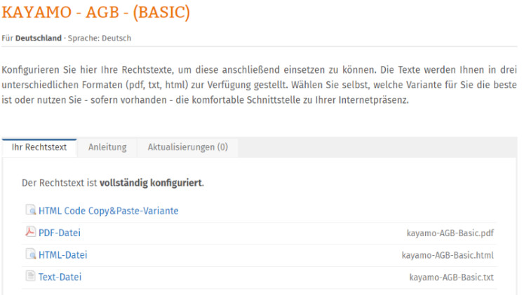 Die zur Verfügung stehenden Formate für die kayamo Rechtstxte