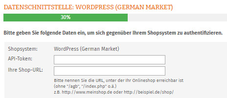 Eingabe API-Toekn und Shop-URL für German Market