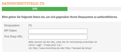 Eingabe API-Token und Shop-URL für JTL