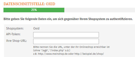 Eingabe API-Token und Shop-URL für Oxid