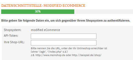 Eingabe API-Token und Shop-URL für modified ecommerce