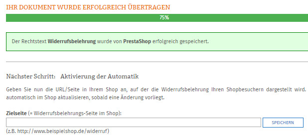 Eingabe Zielseite für Widerruf im Prestashop
