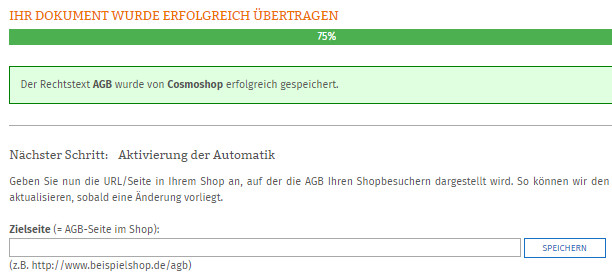 Eingabe der Cosmoshop-Zielseite der AGB für die Aktualisierungs-Automatik
