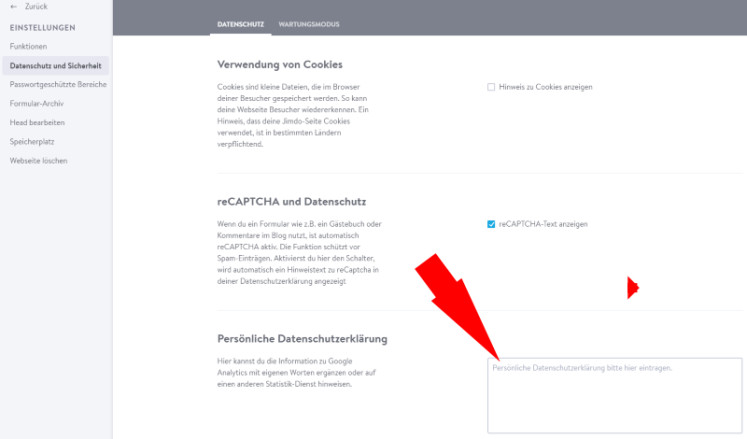 Eingabe der Datenschutzerklärung bei jimdo