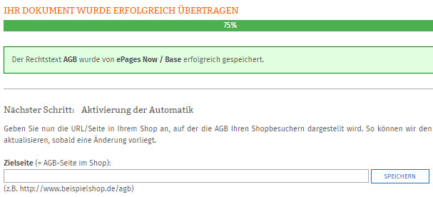 Eingabe der Zielseite nach der Übertragung der AGB