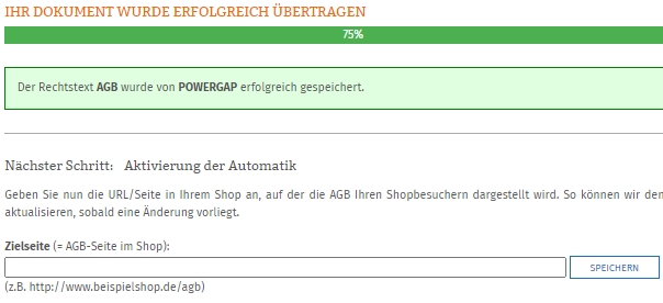 Eingabe der Zielseite nach erfolgreicher Datenübertragung zum Powergap Shop