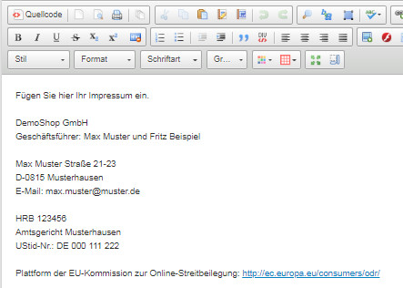 Eingabe des Impressums bei modified ecommerce