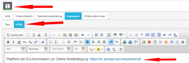 Eingabe des Impressums im HTML-Modus