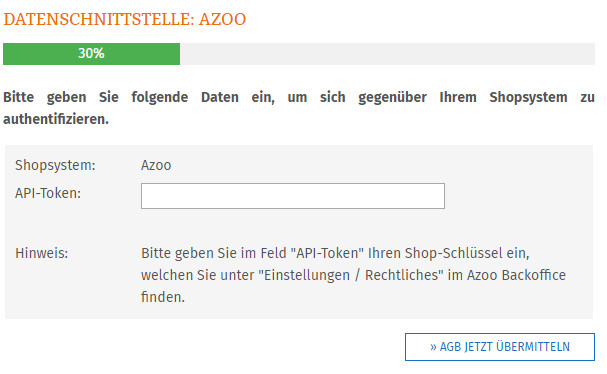 Eingabe des Shop-Schlüssels für die AGB-Schnittstelle zu Azoo