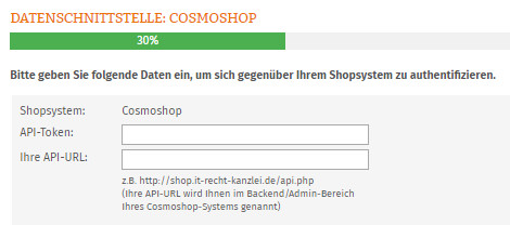 Eingabebeeich für API-Token und API-URL aus dem Cosmoshop