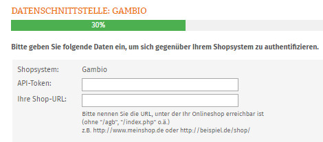 Eingabebereich für API-Token und Shop-URL bei der Datenübertragung zu Gambio