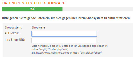 Eingabebereich für API-Token und Shop-URL vom Shopware Shop