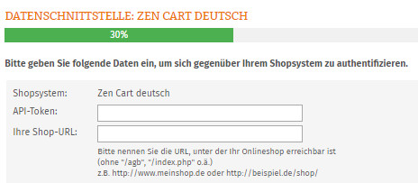 Eingabebereich für API Token und Shop URL von Zen Cart