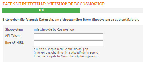 Eingabebereich für API-Token und URL von mietshop.de