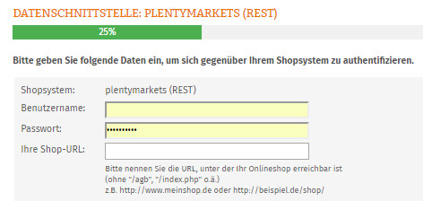 Eingabebereich für Benutzername, Passwort und Shop-URL