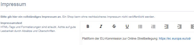 Eingabebereich f&uuml;r das Impressum bei kasuwa