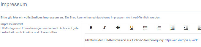 Eingabebereich für das Impressum bei kasuwa