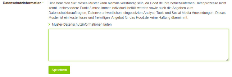Eingabebereich für die Datenschutzerklärung bei Hood