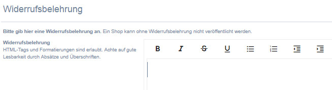 Eingabebereich f&uuml;r die Widerrufsbelehrung bei kasuwa