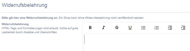 Eingabebereich f&uuml;r die Widerrufsbelehrung bei kasuwa