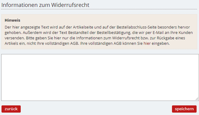 Eingabereich für die Widerrufsbelehrung bei Booklooker
