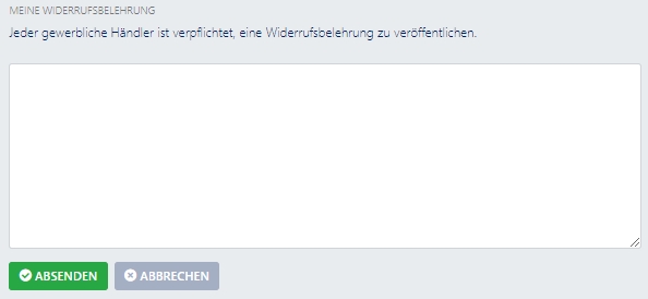 Eingabereich f&uuml;r die Widerrufsbelehrung im cardmarket Firmenprofil