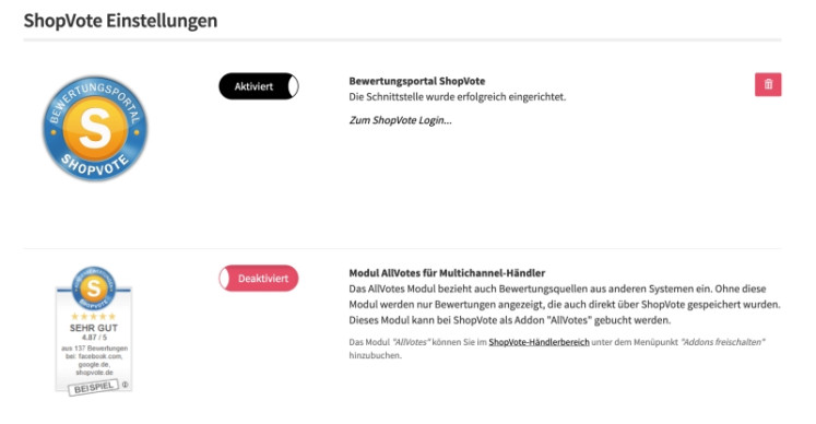 Einstellungsmöglichkeiten für Shopvote im azoo Backend