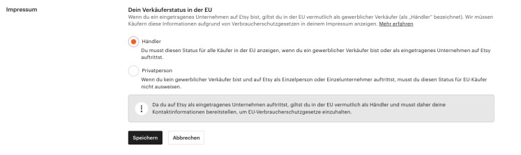 Etsy H&auml;ndler/Privatperson