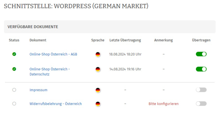German Market Rechtstexte derr Schnittstelle zuweisen