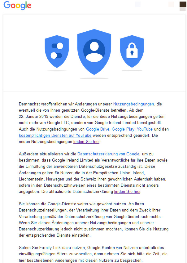 Google-Mitteilung zur Änderung der Nutzungsbedingungen und der Datenschutzerklärung