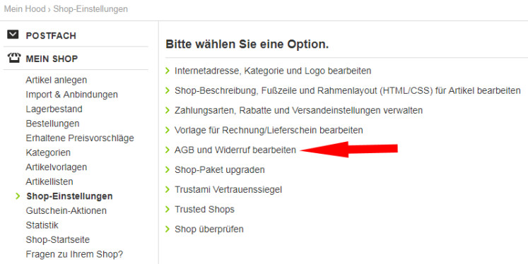 Hood Shopeinstellungen - AGB und Widerruf bearbeiten