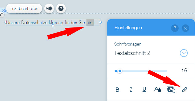 Markieren des Textes und Aktivierung Verlinkung bei Wix