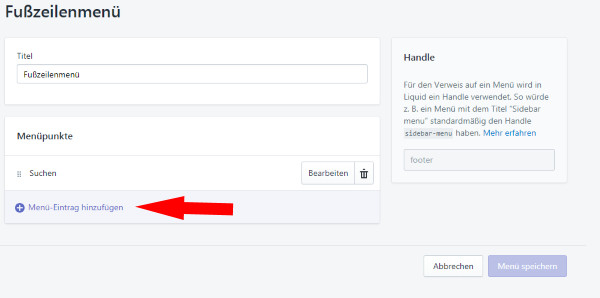 Menüeintrag im Fußzeilenmenü bei Shopify hinzufügen