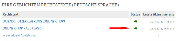 Onlineshop Statusanzeige, ob Rechtstexte vollst&auml;ndig konfiguriert sind