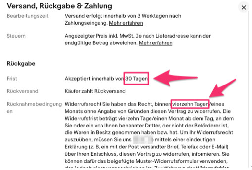 Screenshot eBay widersprüchliche Widerrufsfristlängen