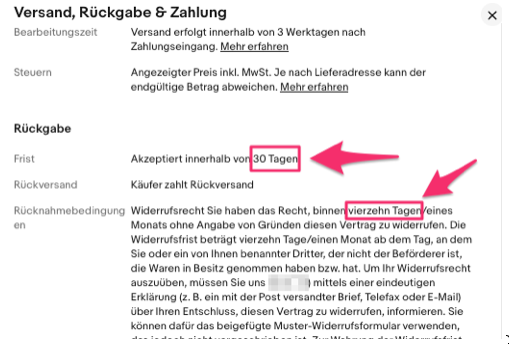Screenshot eBay widerspr&uuml;chliche Widerrufsfristl&auml;ngen