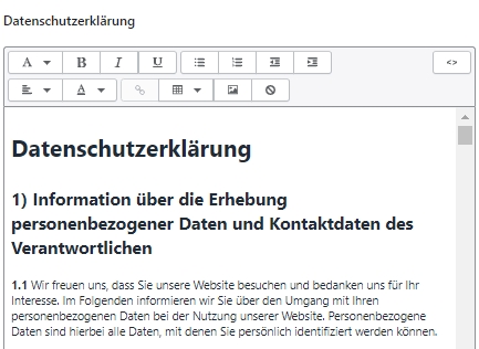 Shopify - Eingabebereich für die Datenschutzerklärung