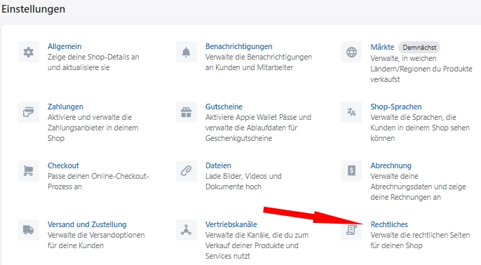 Shopify - Einstellungen - Rechtliches