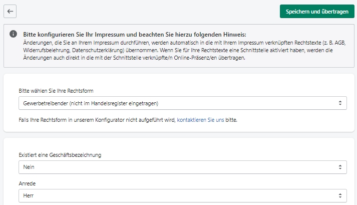 Shopify - Konfigurationsansicht für das Impressum