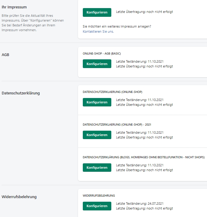 Shopify - Übersicht der zu konfigurierenden Rechtstexte