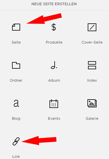 Squarespace - Auswahl Seite oder Link erstellen